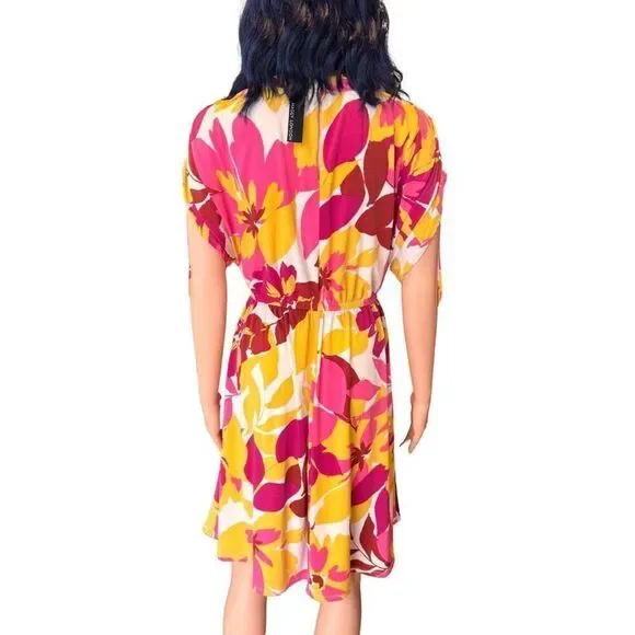 ✨ Maggy London Floral Matte Jersey Mini Dress 8 NWT Yellow Pink Short Sleeve - Picture 5 of 6